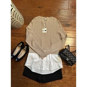 KULE Preppy Contrast Hem Sweater Shirt Combo Cotton Cashmere Beige White XS